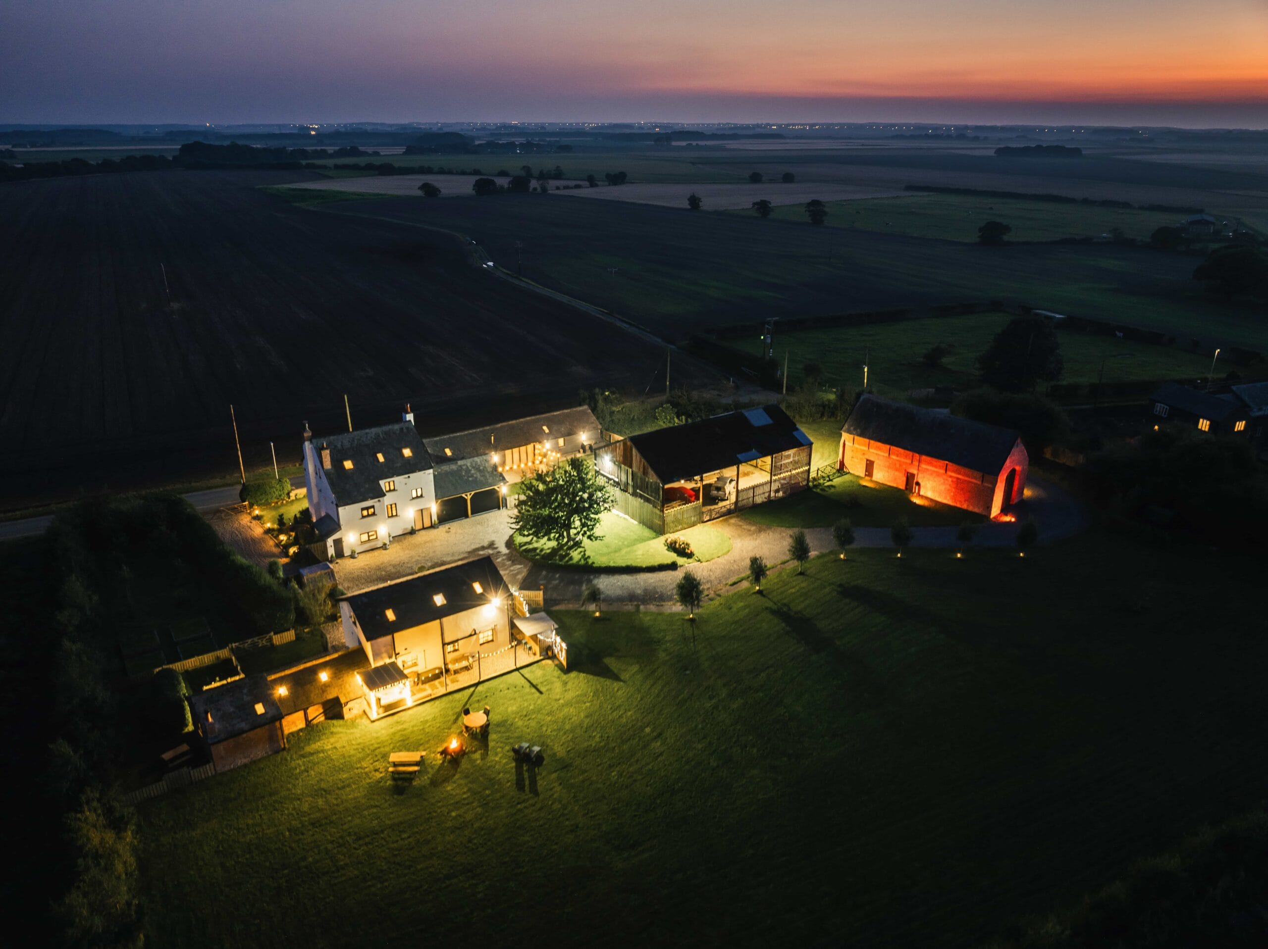 Property Photography Ormskirk, Liverpool. Twilight Drone Photo of Property in Countryside.