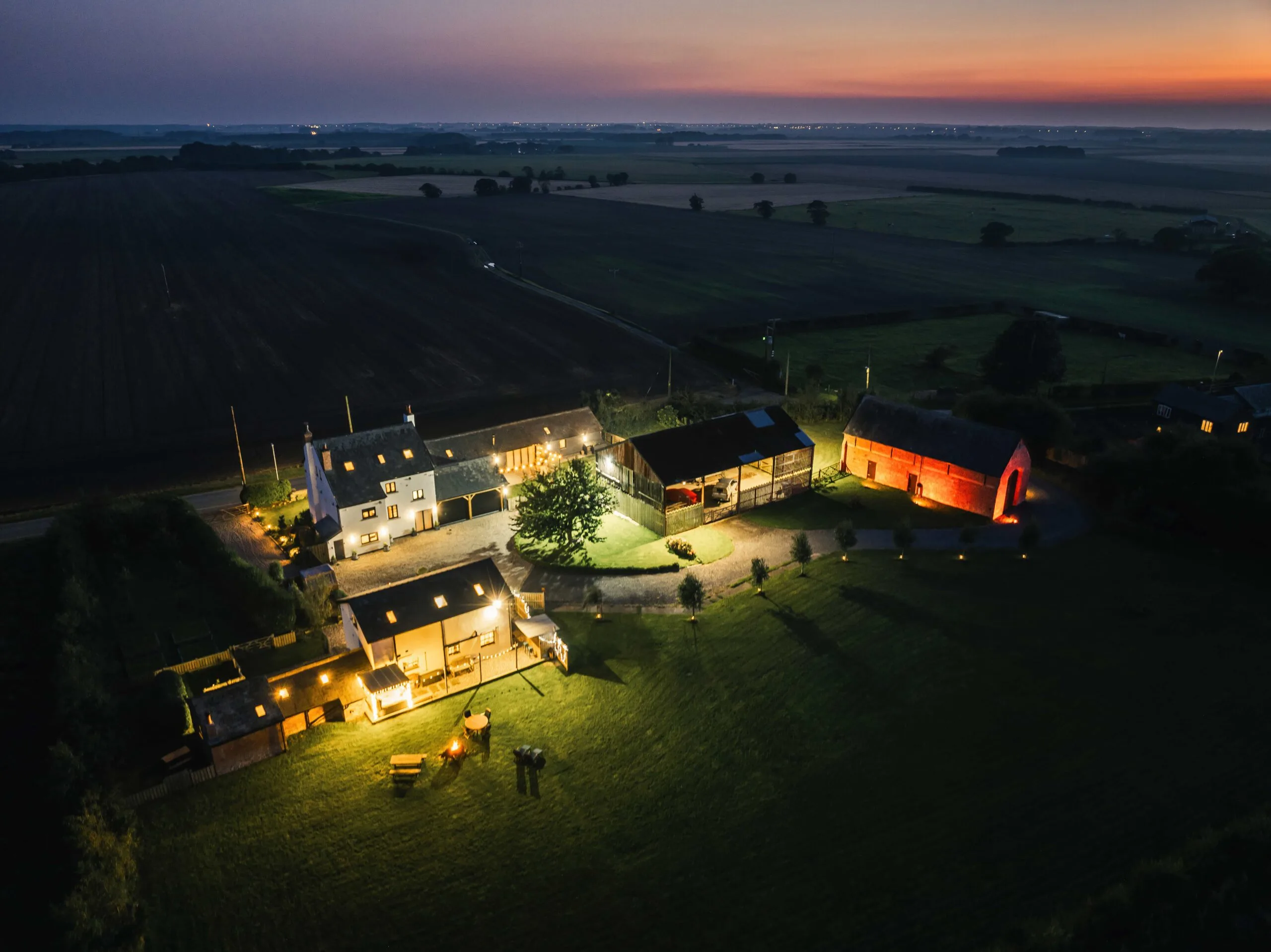 Property Photography Ormskirk, Liverpool. Twilight Drone Photo of Property in Countryside.